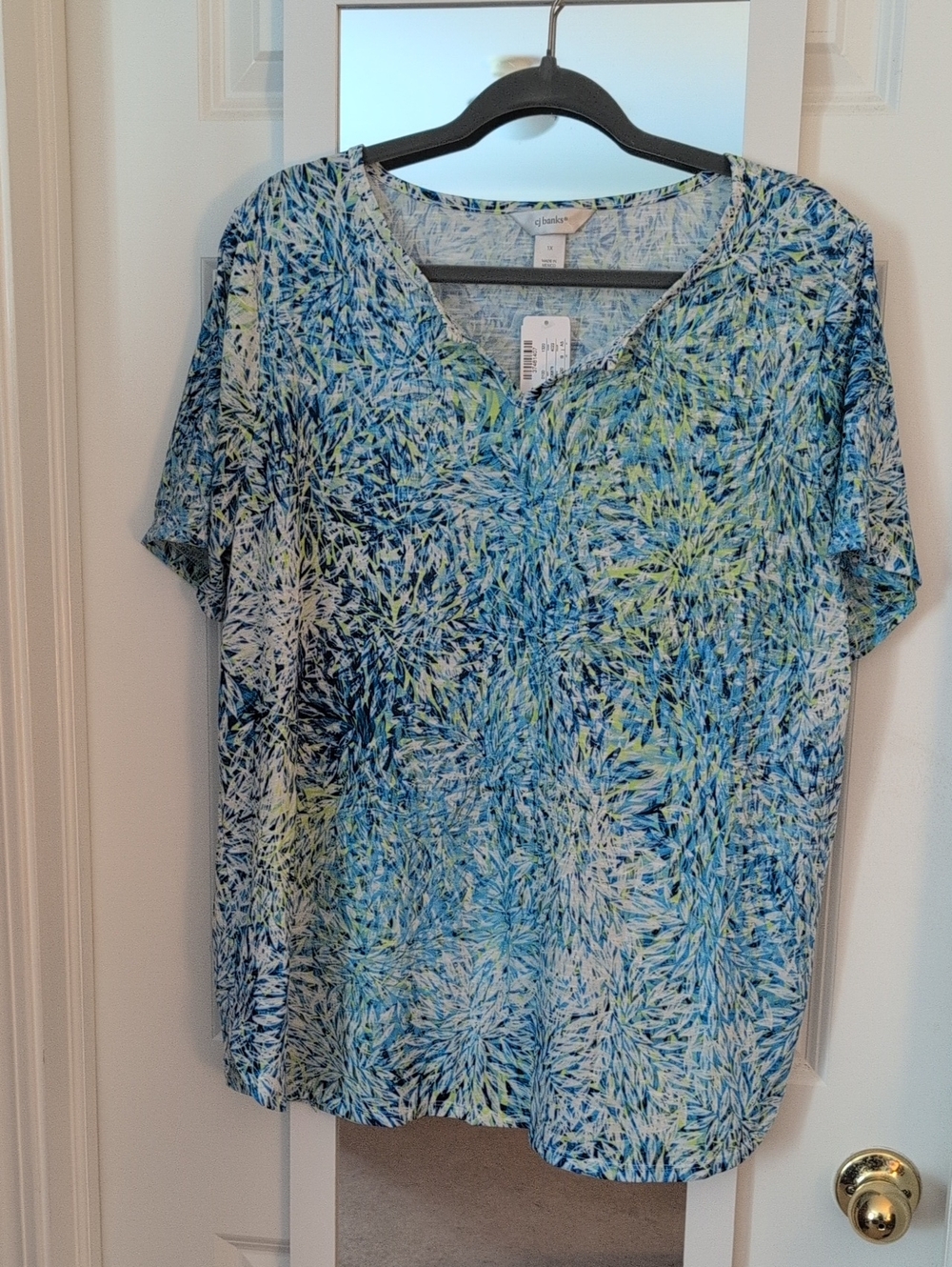 CJ Banks Blue & Green Abstract V-Neck Short Sleeve Top